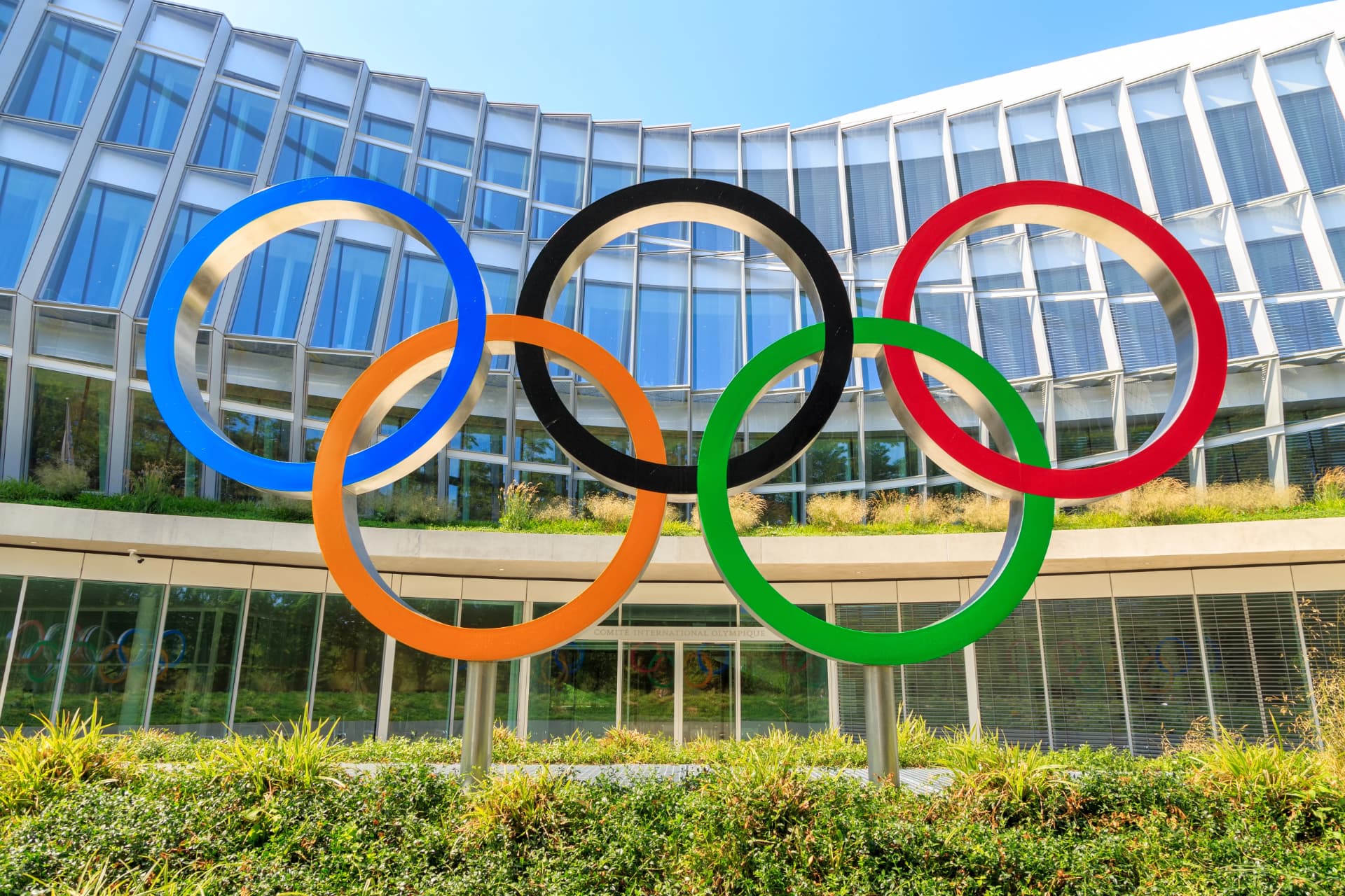 Olympic rings in front of the IOC headquarters in Lausanne